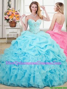 Stunning Aqua Blue Organza Lace Up Sweetheart Sleeveless Floor Length 15th Birthday Dress Beading and Ruffles and Pick Ups