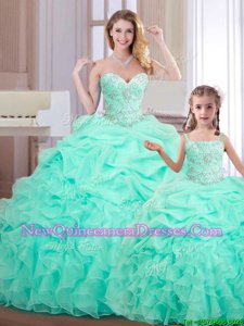 High Class Sleeveless Organza Floor Length Lace Up Sweet 16 Dresses inApple Green withBeading and Ruffles and Pick Ups