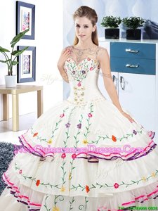 Ideal Scoop Floor Length White Vestidos de Quinceanera Organza and Taffeta Sleeveless Spring and Summer and Fall and Winter Beading and Embroidery and Ruffled Layers