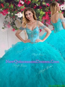 Top Selling Teal Ball Gowns Tulle Off The Shoulder Sleeveless Beading and Ruffles Floor Length Lace Up Quinceanera Dresses