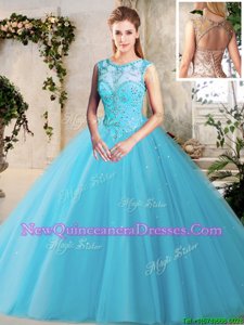 Sweet Tulle Scoop Sleeveless Lace Up Beading 15th Birthday Dress inBaby Blue