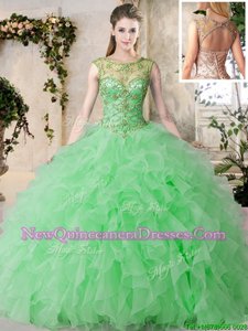 New Arrival Scoop Green Sleeveless Floor Length Beading and Ruffles Lace Up Sweet 16 Quinceanera Dress