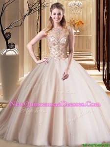 Sweet Peach Tulle Lace Up Scoop Sleeveless Quince Ball Gowns Brush Train Beading