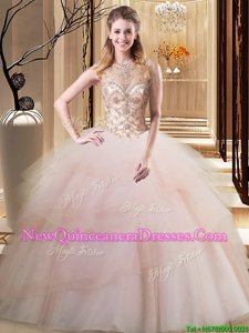 Graceful Scoop Sleeveless Brush Train Lace Up Beading and Ruffled Layers 15th Birthday Dress