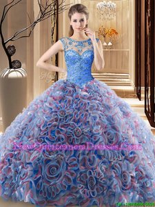 Top Selling Blue Fabric With Rolling Flowers Lace Up Scoop Sleeveless Quinceanera Gowns Brush Train Beading