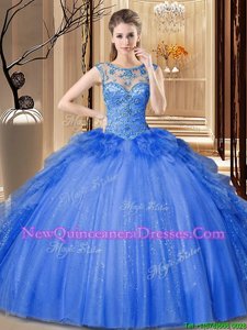 Shining Scoop Ruffles Quinceanera Dresses Blue Lace Up Sleeveless Floor Length