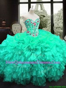 Fine Turquoise Sleeveless Floor Length Embroidery and Ruffles Lace Up Quinceanera Dress