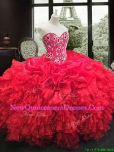 Latest Red Lace Up Quince Ball Gowns Embroidery and Ruffles Sleeveless Floor Length