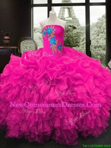 Fuchsia Sleeveless Organza Lace Up Ball Gown Prom Dress for Military Ball and Sweet 16 and Quinceanera