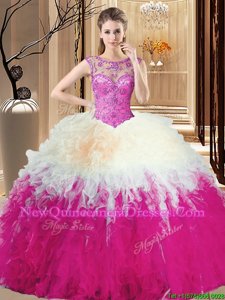 Unique Multi-color Tulle Lace Up Scoop Sleeveless Floor Length Sweet 16 Quinceanera Dress Beading