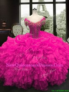 Cap Sleeves Floor Length Beading and Ruffles Lace Up Quinceanera Gowns with Fuchsia