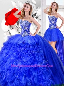 Sexy Three Piece Blue Sleeveless Organza Lace Up Quinceanera Gowns for Military Ball and Sweet 16 and Quinceanera