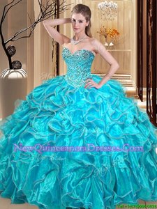 Dynamic Aqua Blue Ball Gowns Organza Sweetheart Sleeveless Beading and Ruffles Floor Length Lace Up Quinceanera Gowns