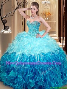 Ideal Multi-color Organza Lace Up Sweetheart Sleeveless Asymmetrical Quinceanera Gown Beading and Ruffles