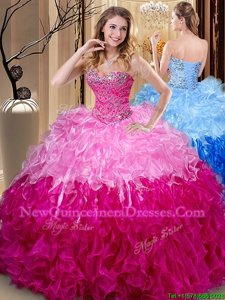 Modest Spring and Summer and Fall and Winter Organza Sleeveless Floor Length Vestidos de Quinceanera andBeading and Ruffles