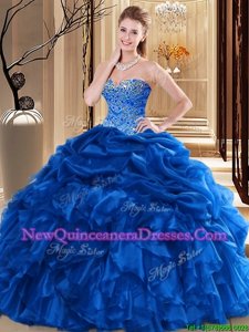 Luxury Royal Blue Organza Lace Up Vestidos de Quinceanera Sleeveless Floor Length Beading and Pick Ups