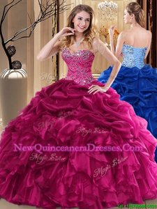 Graceful Pick Ups Fuchsia Sleeveless Organza Lace Up Quince Ball Gowns for Military Ball and Sweet 16 and Quinceanera