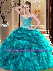 High Class Teal Sleeveless Beading and Pick Ups Floor Length Quinceanera Dress