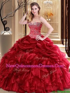 Cute Sweetheart Sleeveless Sweet 16 Dress Floor Length Beading and Pick Ups Red Organza