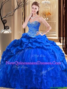 Artistic Taffeta and Tulle Sweetheart Sleeveless Brush Train Lace Up Beading and Ruffles Sweet 16 Quinceanera Dress inRoyal Blue