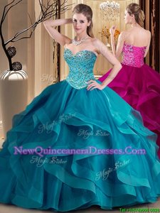 Flare Sleeveless Lace Up Floor Length Beading and Ruffles Sweet 16 Dresses