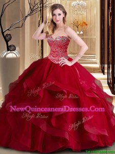 Artistic Wine Red Lace Up Sweetheart Beading and Ruffles Quinceanera Dresses Tulle Sleeveless