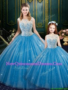 Eye-catching Baby Blue High-neck Lace Up Lace Quinceanera Gowns Sleeveless