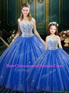 Cheap Royal Blue High-neck Zipper Lace Vestidos de Quinceanera Sleeveless