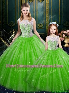 On Sale Spring Green Sleeveless Lace Floor Length Quinceanera Dresses