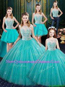 Fancy Aqua Blue Ball Gowns Lace Quinceanera Dresses Lace Up Tulle Sleeveless Floor Length