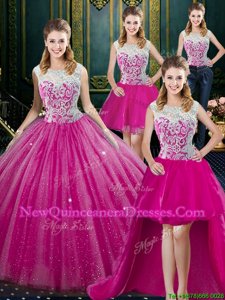 Beautiful Four Piece Fuchsia Quince Ball Gowns Military Ball and Sweet 16 and Quinceanera and For withLace High-neck Sleeveless Zipper