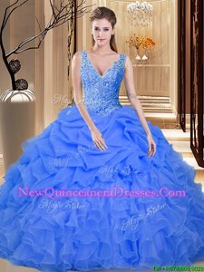 Simple Pick Ups Blue Sleeveless Organza Backless 15th Birthday Dress for Military Ball and Sweet 16 and Quinceanera