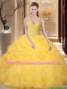 Flare Pick Ups Gold Sleeveless Organza Backless 15th Birthday Dress for Military Ball and Sweet 16 and Quinceanera