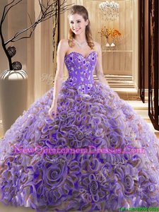 Sumptuous Fabric With Rolling Flowers Sweetheart Sleeveless Brush Train Lace Up Embroidery and Ruffles 15 Quinceanera Dress inMulti-color