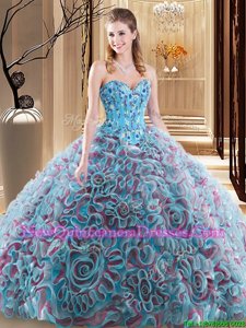 Stylish Sleeveless With Train Embroidery and Ruffles Lace Up Sweet 16 Quinceanera Dress with Multi-color Brush Train