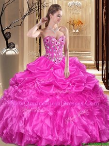 Unique Fuchsia Lace Up Sweetheart Embroidery and Ruffles Quinceanera Dresses Organza Sleeveless