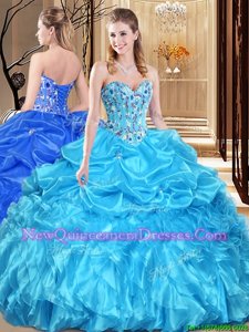 Best Aqua Blue Organza Lace Up Sweetheart Sleeveless Floor Length 15th Birthday Dress Lace and Appliques