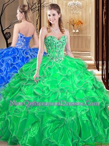 Exquisite Embroidery and Ruffles Quinceanera Dress Spring Green Lace Up Sleeveless Floor Length