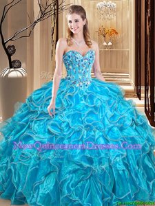 Chic Aqua Blue Ball Gowns Organza Sweetheart Sleeveless Embroidery and Ruffles Floor Length Lace Up Quinceanera Gown