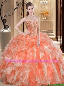 Delicate Orange Ball Gowns Sweetheart Sleeveless Organza Floor Length Lace Up Beading and Ruffles Quinceanera Dresses