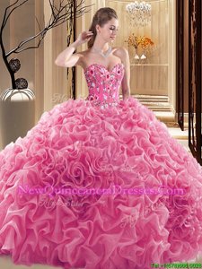 Cheap Sweetheart Sleeveless Quinceanera Dresses Floor Length Embroidery and Ruffles and Pick Ups Rose Pink Fabric With Rolling Flowers