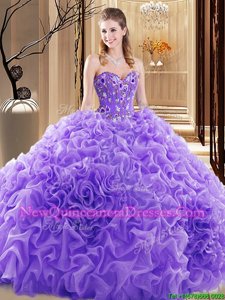 Edgy Lavender Fabric With Rolling Flowers Lace Up Sweetheart Sleeveless Vestidos de Quinceanera Court Train Embroidery and Ruffles and Pick Ups