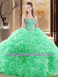 Chic Fabric With Rolling Flowers Sweetheart Sleeveless Lace Up Embroidery and Ruffles and Pick Ups Ball Gown Prom Dress inSpring Green