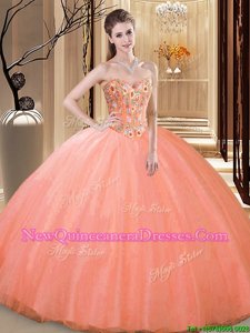 Noble Ball Gowns Quinceanera Dresses Peach Sweetheart Tulle Sleeveless Floor Length Lace Up