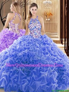 New Style Blue Ball Gown Prom Dress High-neck Sleeveless Court Train Backless