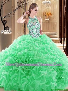 Spring Green Backless High-neck Embroidery and Ruffles 15th Birthday Dress Organza Sleeveless Brush Train