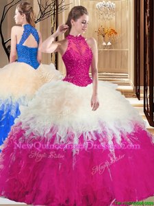 Custom Design Lace and Appliques and Ruffles Quinceanera Gowns Multi-color Backless Sleeveless Floor Length