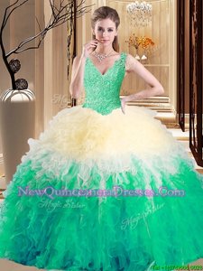 Noble Multi-color Ball Gowns V-neck Sleeveless Tulle Floor Length Zipper Lace and Appliques and Ruffles Quinceanera Gown