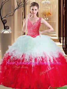 On Sale White And Red Sleeveless Tulle Zipper Quince Ball Gowns for Military Ball and Sweet 16 and Quinceanera