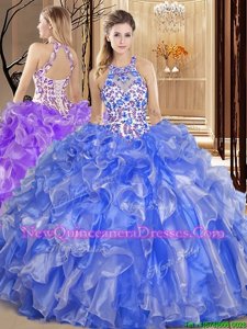 Adorable Scoop Sleeveless Floor Length Embroidery and Ruffles Backless Quinceanera Dresses with Blue